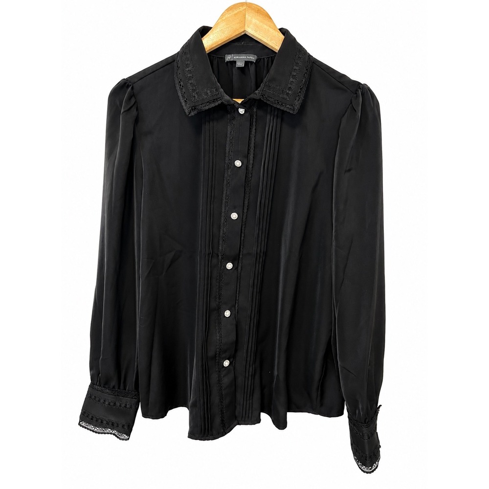 Adrianna Papell Blouse Womens Large Black Pre-owned Lace Pintuck Pearl Button